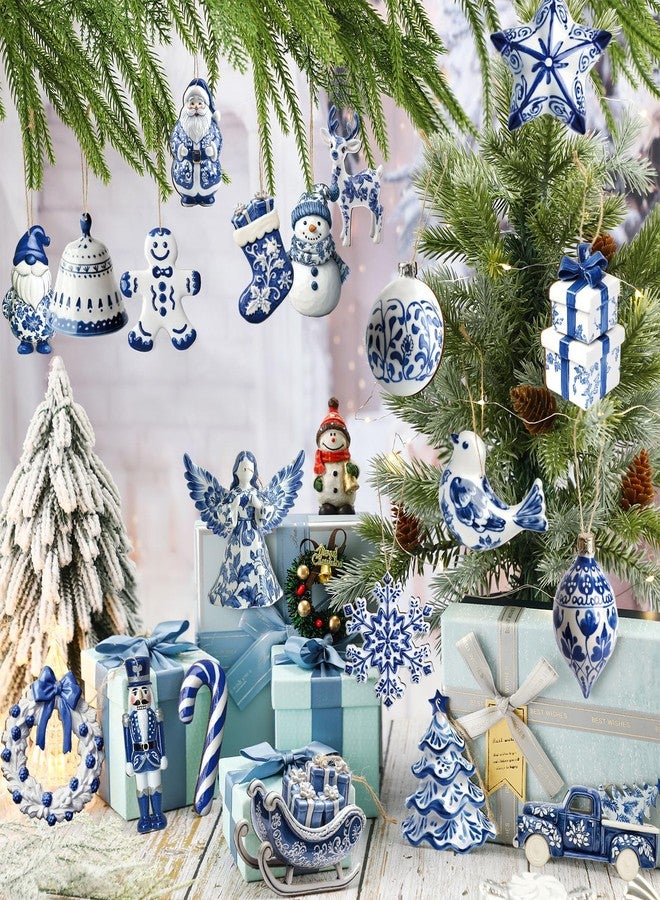 Yuntau 40 Pcs Christmas Chinoiserie Ornaments Blue and White Porcelain Wooden Flat Decoration Christmas Tree Ornaments Chinoiserie Hanging Decor Porcelain Pendants for Small Xmas Tree Decor(Classic) - Image 5